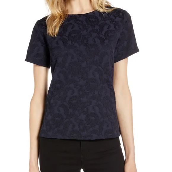 Halogen Navy Jacquard short sleeve Top - Picture 1 of 11